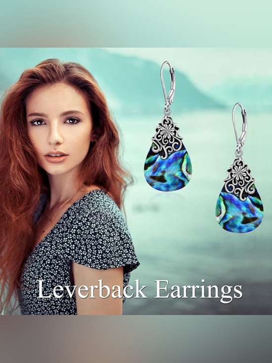 Boutique Brand Jewelry - Stamped 925 Sterling Silver Abalone Teardrop Leverback Dangle Earrings Floral